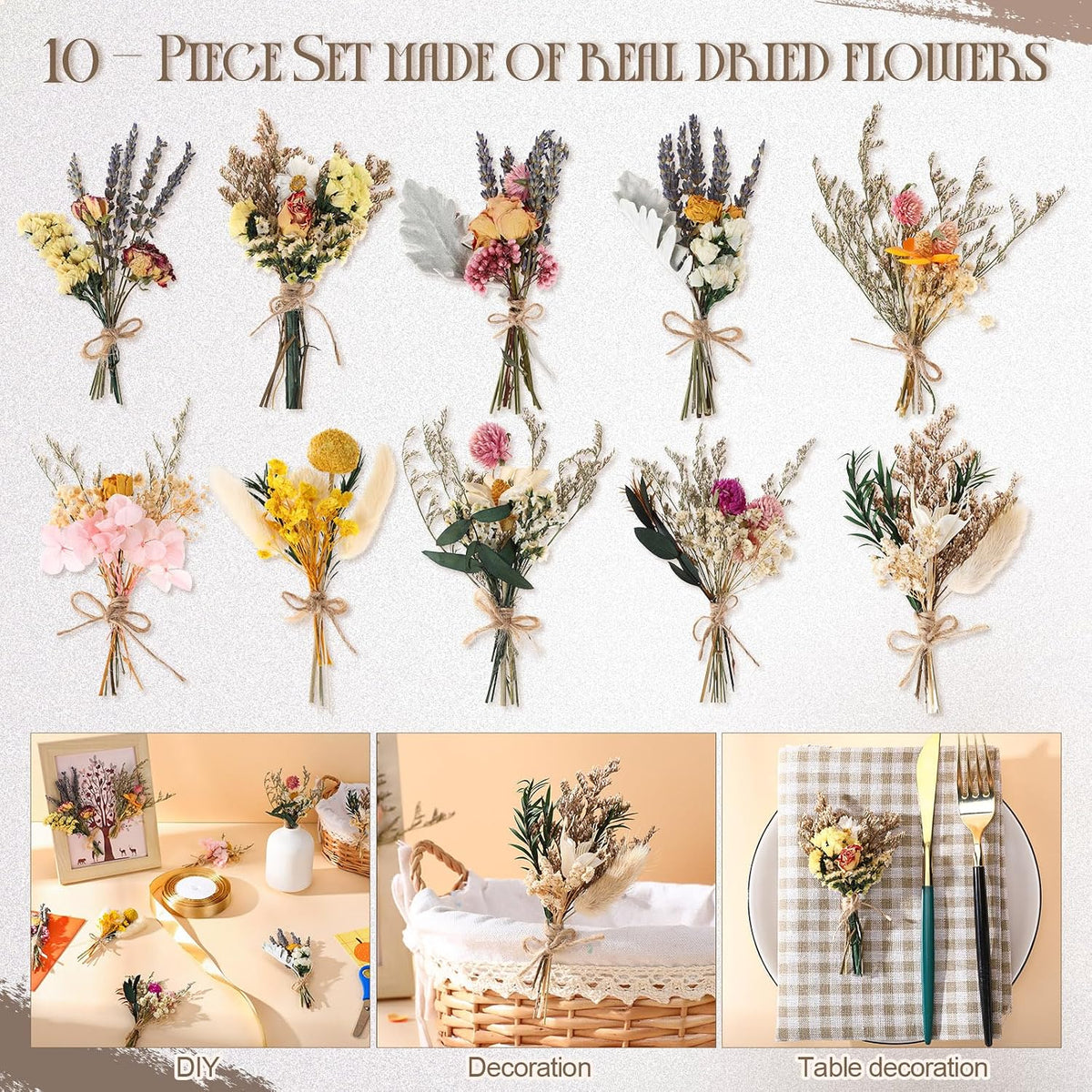 Nuanchu 10 Pcs Mini Dried Flower, Boho Bouquet for Crafts, Popular Styles