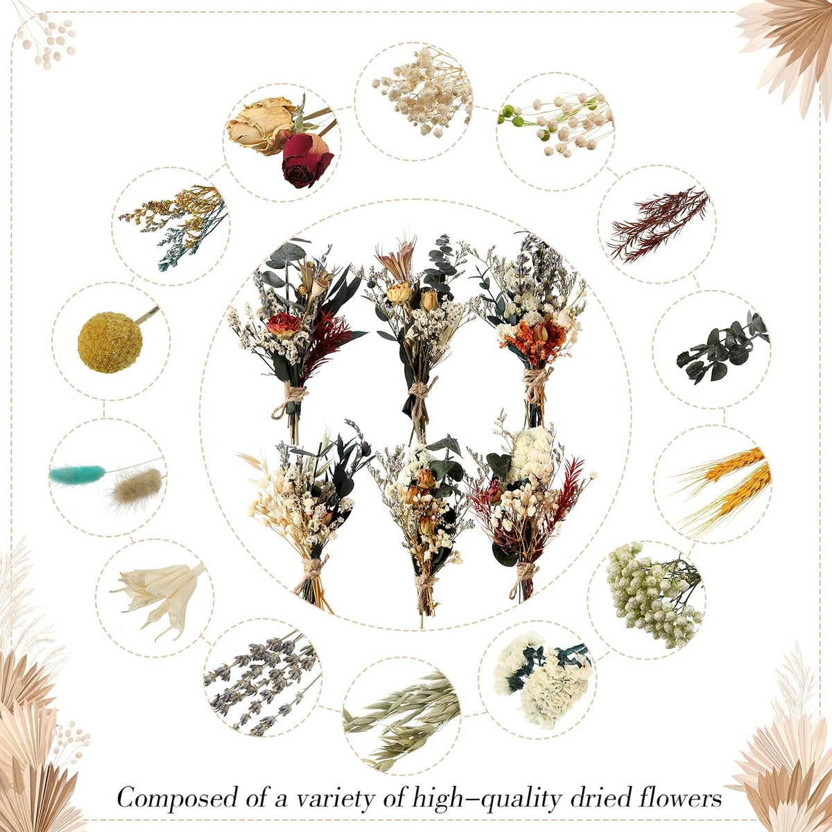 Fabbay 6 Pcs Mini Dried Flower Bouquet Boho Wedding Flower for DIY 5-7 Inch