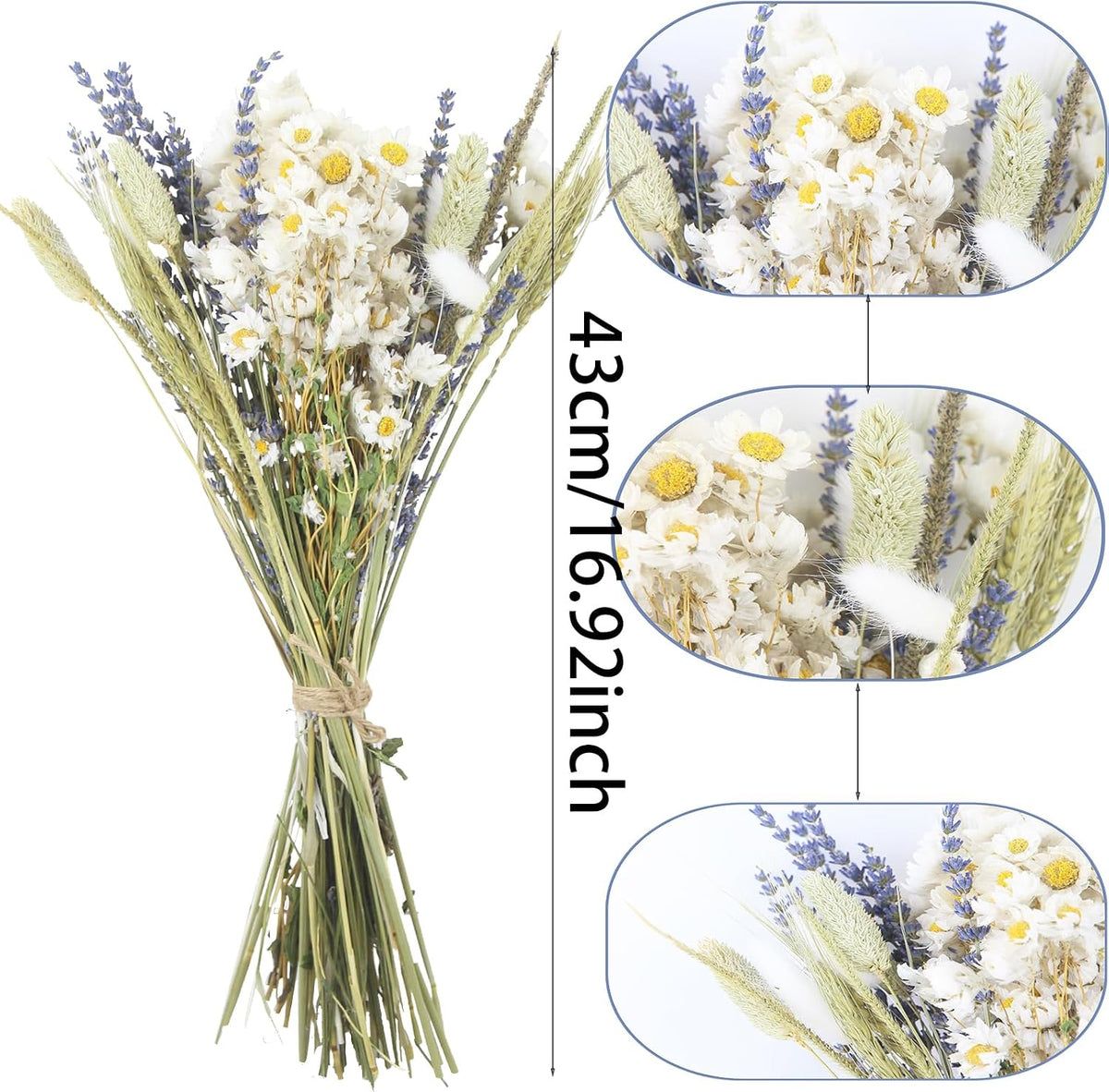 Dried Flowers Bouquet Dried Daisy Flowers Natural Lavender Dried Flowers Bunny Tails Gerber Daisies Flowers Wheat Stalks Floral Arrangements for Wedding Table Centerpiece Decor Farmhouse DIY