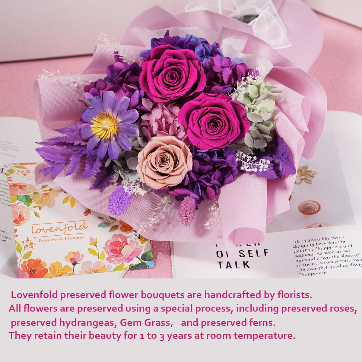 lovenfold Preserved Flowers for Delivery, Purple Rose Bouquets That Last 1-3 Years, Birthday Flowers Gifts for Women Mom Grandma Wife Friends