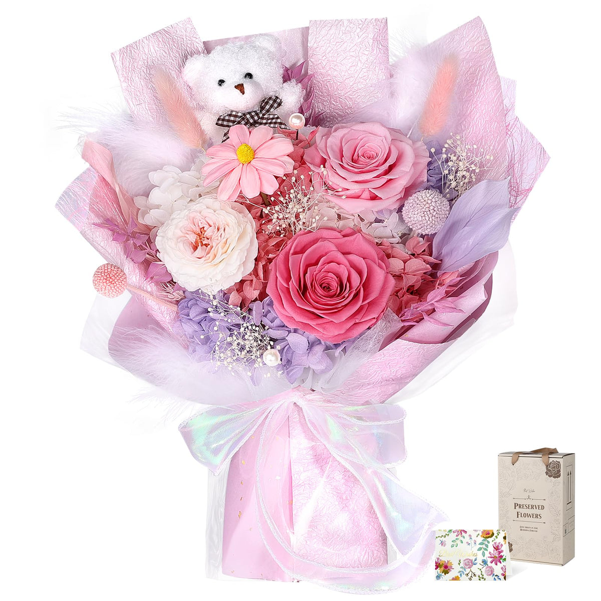 Flowers for Delivery with Bear, Orange Preserved Flowers, Gifts for Mom Her