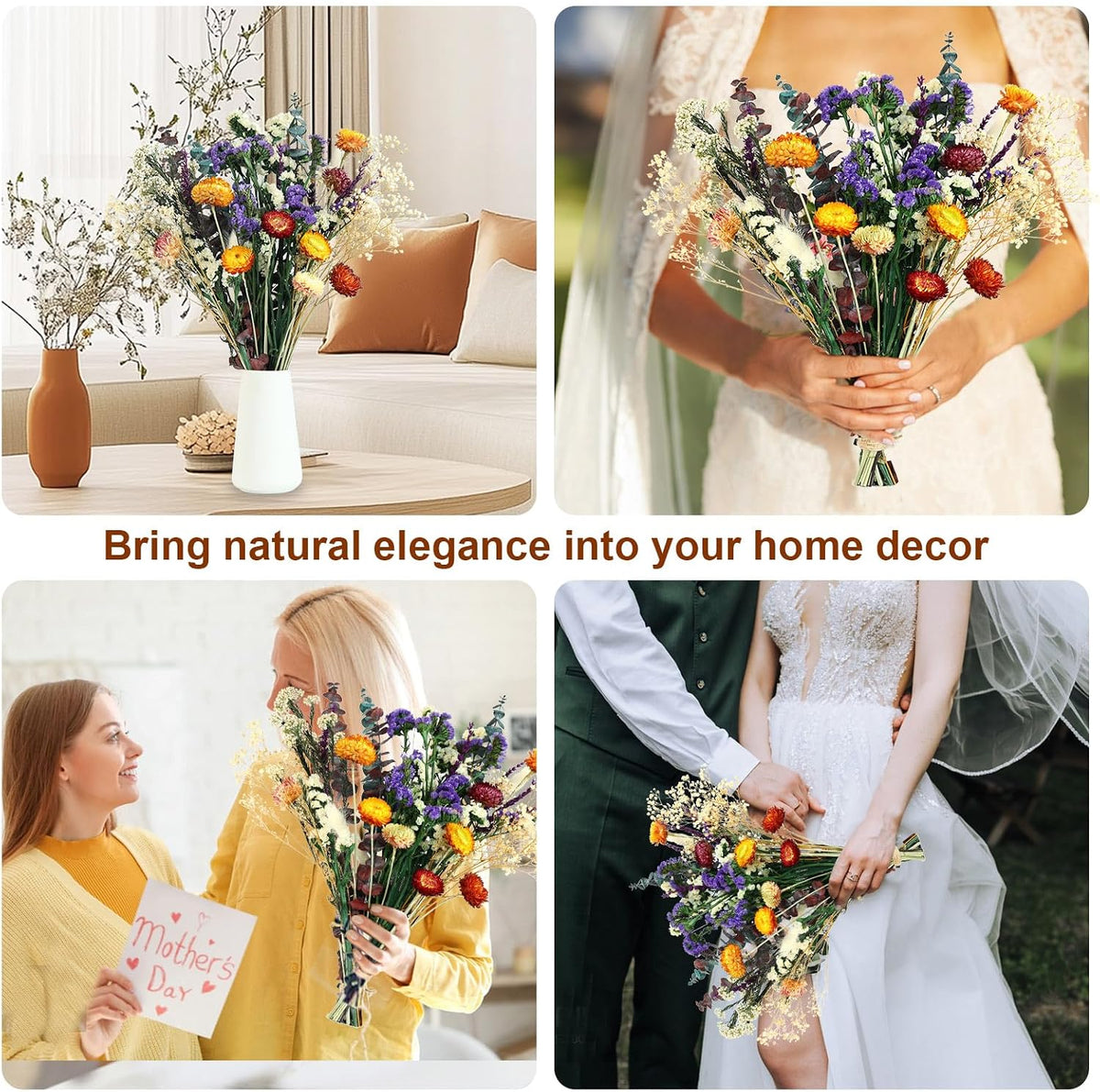 Natural Dried Flower Bouquet, 17" Rustic Boho for Fall Wedding Decorations