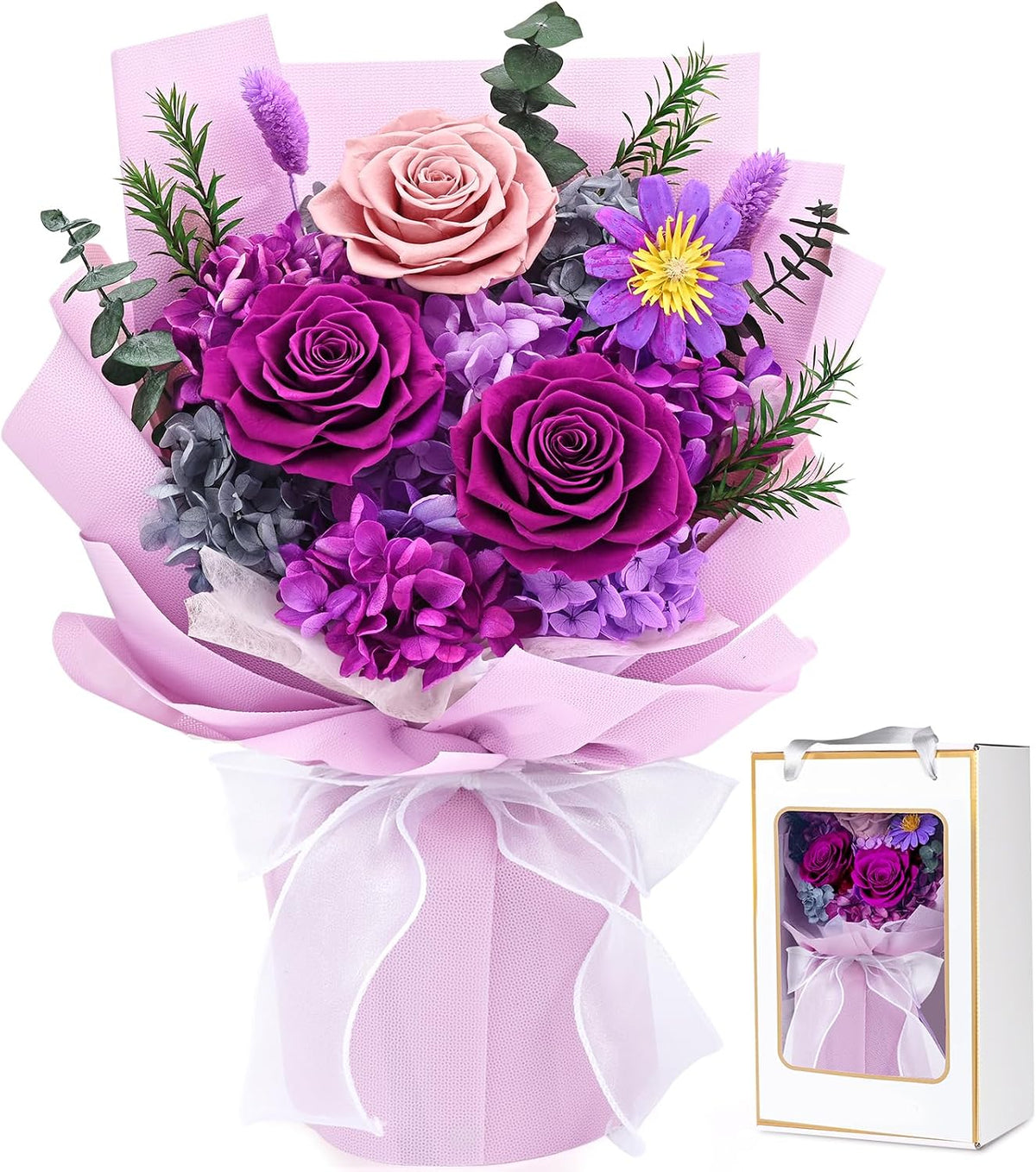 Waipfaru Preserved Flowers, Purple Fresh Bouquet with Gift Box, Flowers for Delivery Prime, Forever Flowers for Women Birthday Gift, Anniversary, Teacher, Mother Day, Valentines Day Gifts for Her