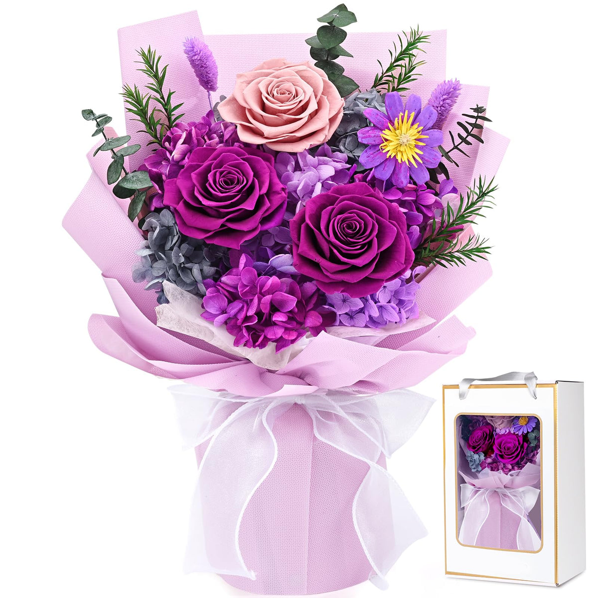 Waipfaru Preserved Flowers, Purple Fresh Bouquet with Gift Box, Flowers for Delivery Prime, Forever Flowers for Women Birthday Gift, Anniversary, Teacher, Mother Day, Valentines Day Gifts for Her