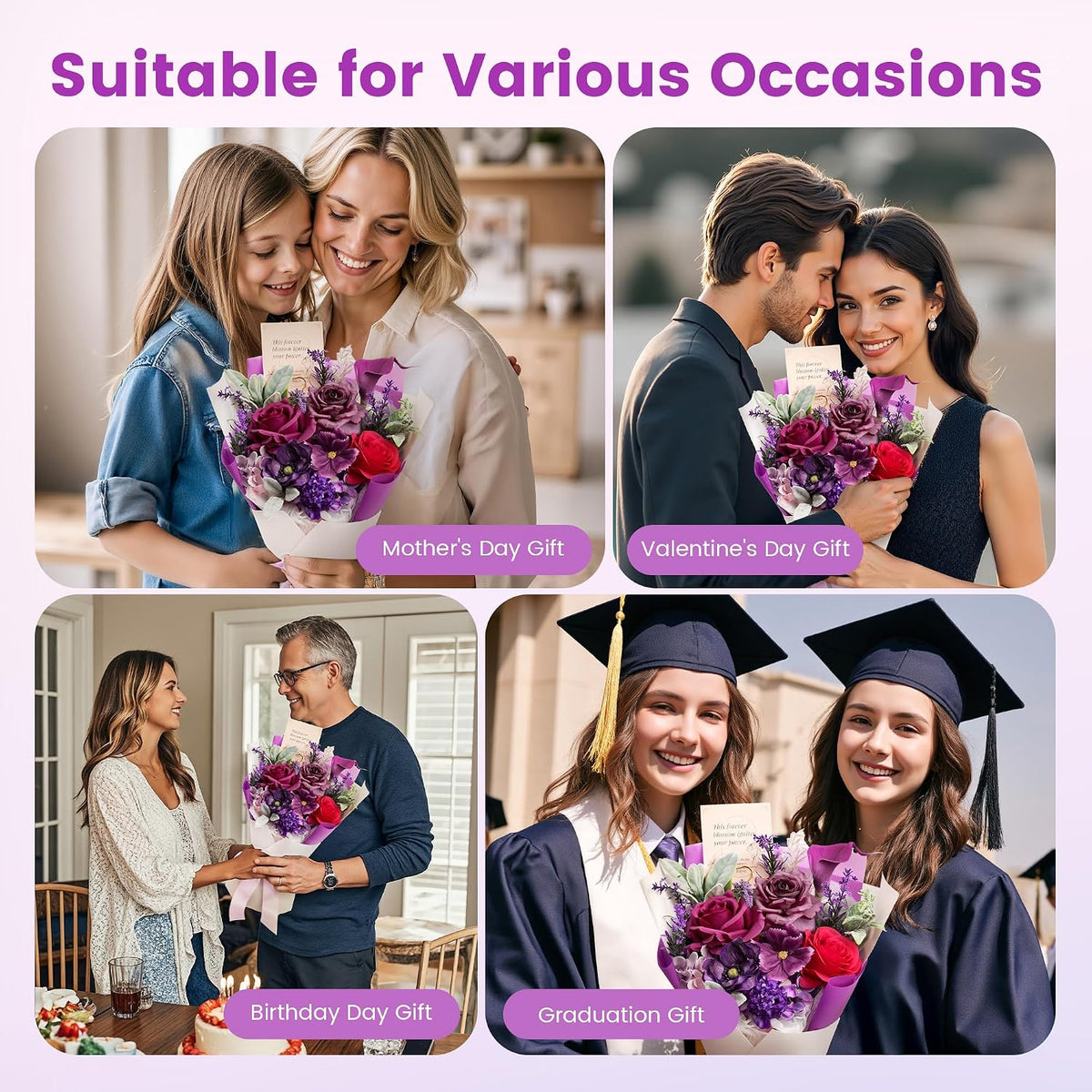 TINGE TIME Mothers Day Preserved Flowers Bouquet, Forever Flowers Gifts for Mom, Birthday Gifts for Women, Eternal Roses Bouquet for Grandma Wife Anniversary Graduation(Purple)