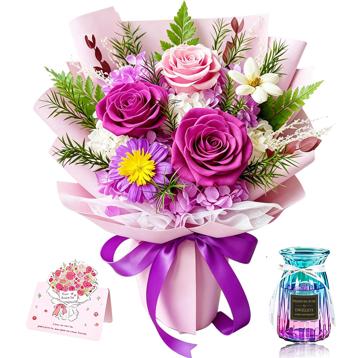 Preserved Flowers Bouquet, Purple Roses Forever Flowers for Delivery