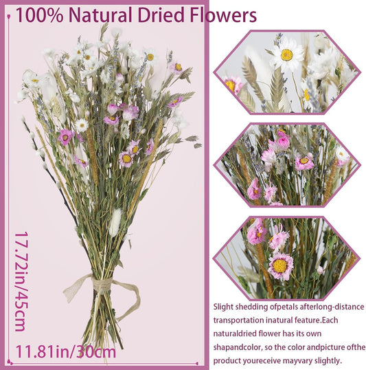 Dried Flowers Bouquet Natural Daisy Flower Dried Lavender Bunny Tails Gerber Daisies Wheat Stalks 17" Farmhouse Flowers for Rustic Boho Wedding Arrangements Home Centerpiece Decoration DIY