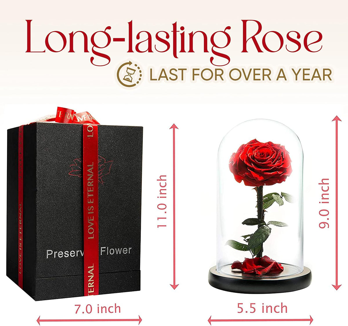 Forever Preserved Rose - Eternal Rose in Glass Dome - Beauty and the Beast Rose for Mom - Fresh Flowers in Glass (Red, 9 Inch)