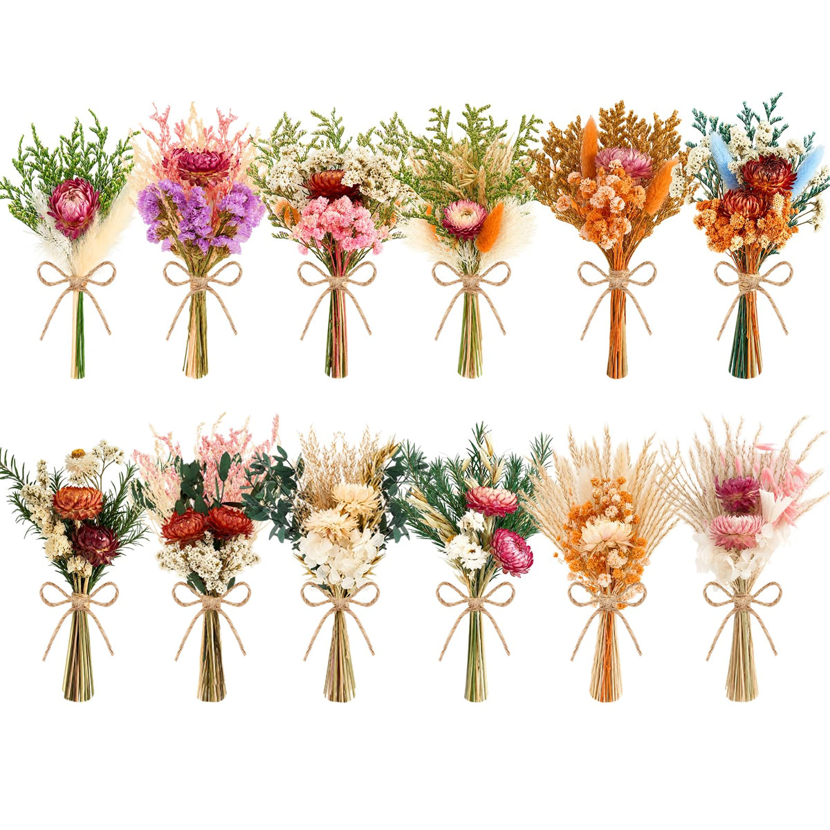 12/24PCS Handmade Dried Flower Bouquet with Stems Natural Dried Wildflowers 7.5 Inch Mini Dry Flowers for Vase Farmhouse Decor, Wedding Styling, Photography Props, Gift DIY(12pcs, Bright)