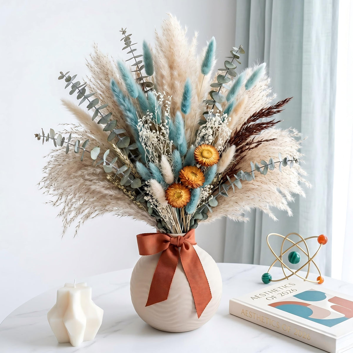 73 Pcs Pampas Grass Decor DIY Floral Material Kit, Natural Dried Flowers Loose Stems with Orange Eucalyptus & Bunny Tails for Vase Arrangement, Warm Boho Fall Decor (Vase Not Included)