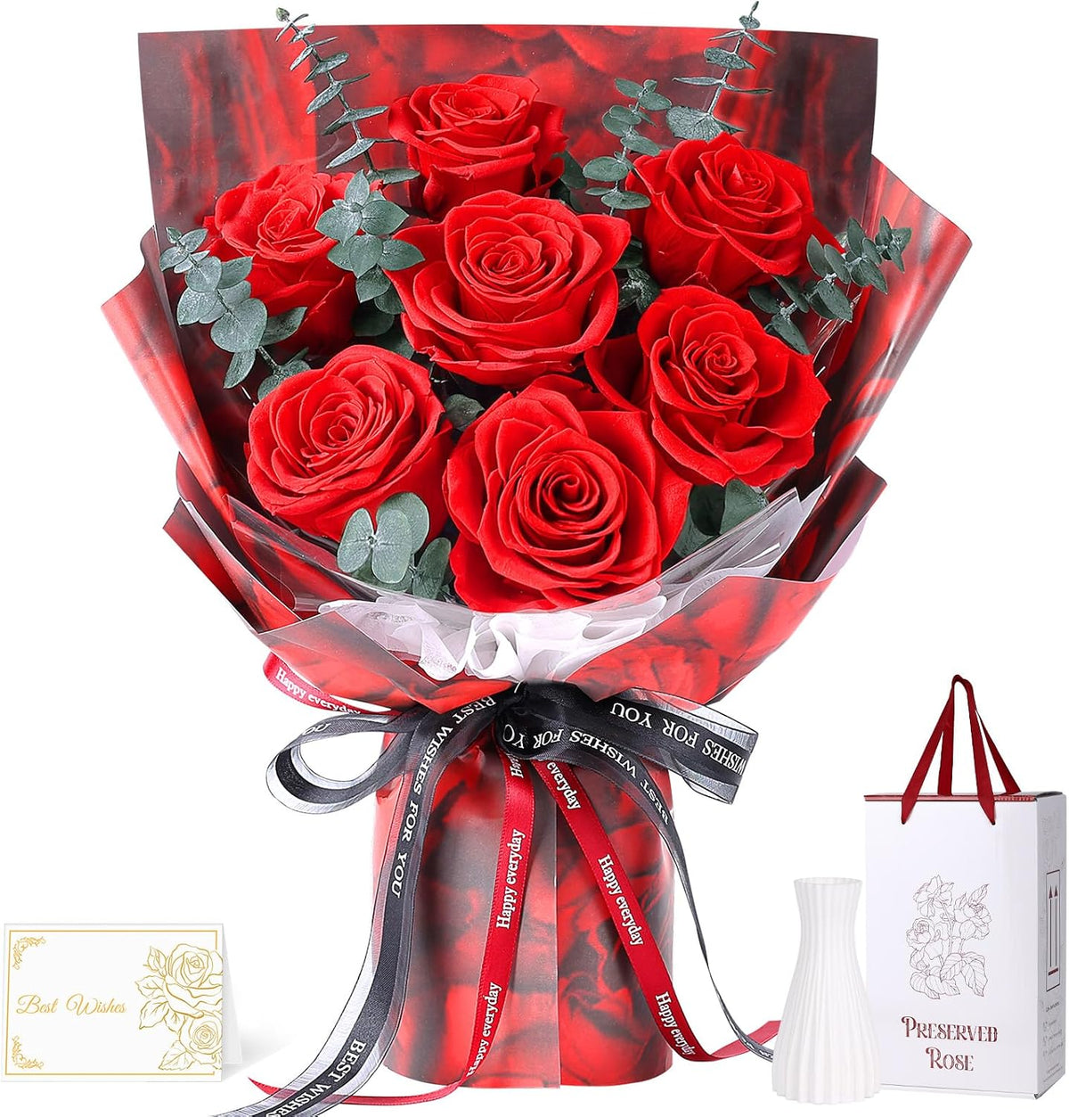 Preserved Flowers for Delivery, 7 Red Roses with Vase, Gifts for Women Her