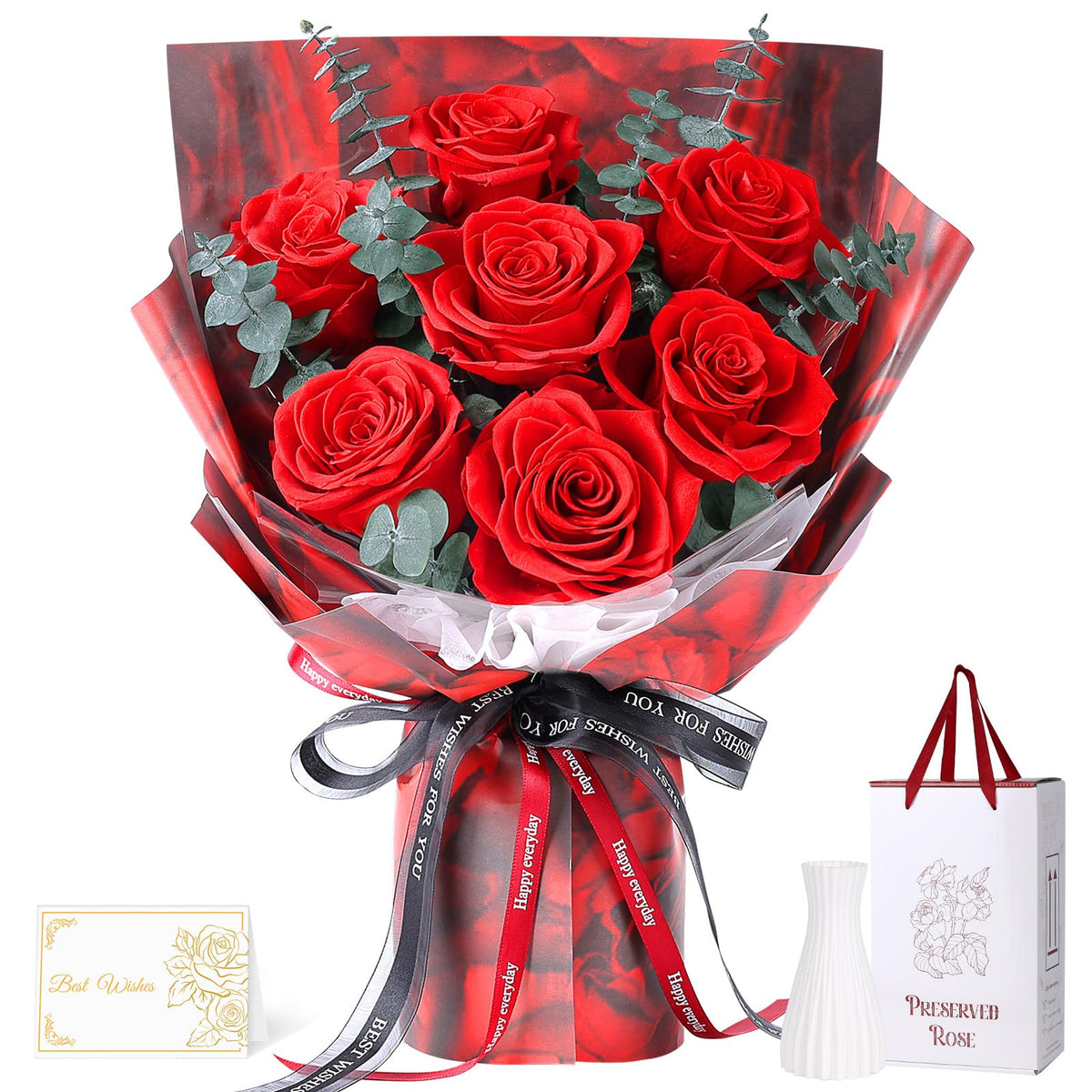 Preserved Flowers for Delivery, 7 Red Roses with Vase, Gifts for Women Her