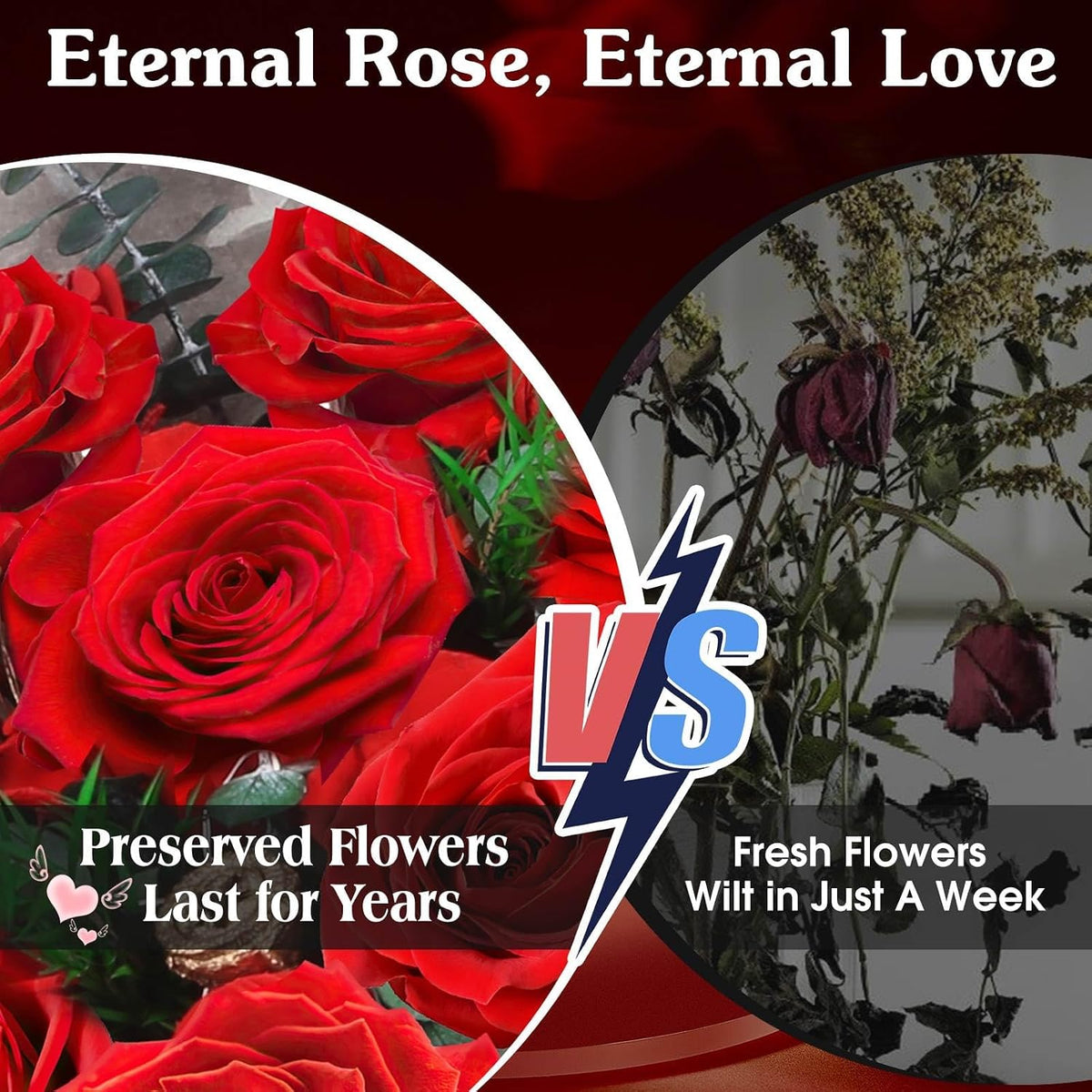 ADDWel 12 Preserved Real Roses Bouquet for Her, Forever Red Flowers with LED Lights, Anniversary Birthday Gifts for Wife Girlfriend Mom, Elegant Home Decor