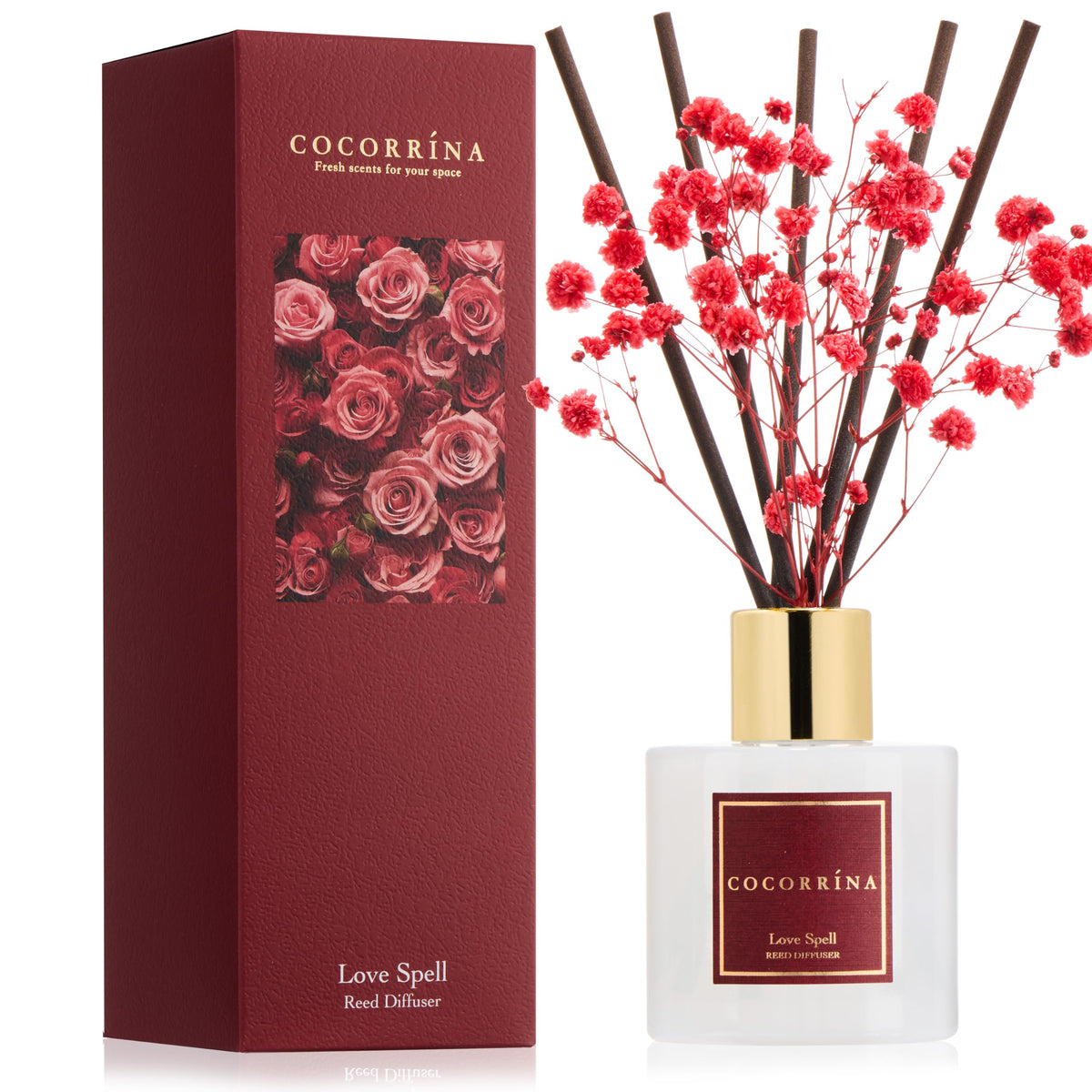 Cocorrína Premium Reed Diffuser Set with Preserved Baby's Breath & Cotton Stick Sandalwood Rose | 6.7oz Scent Fragrance Oil Diffuser for Bedroom Bathroom Home Décor