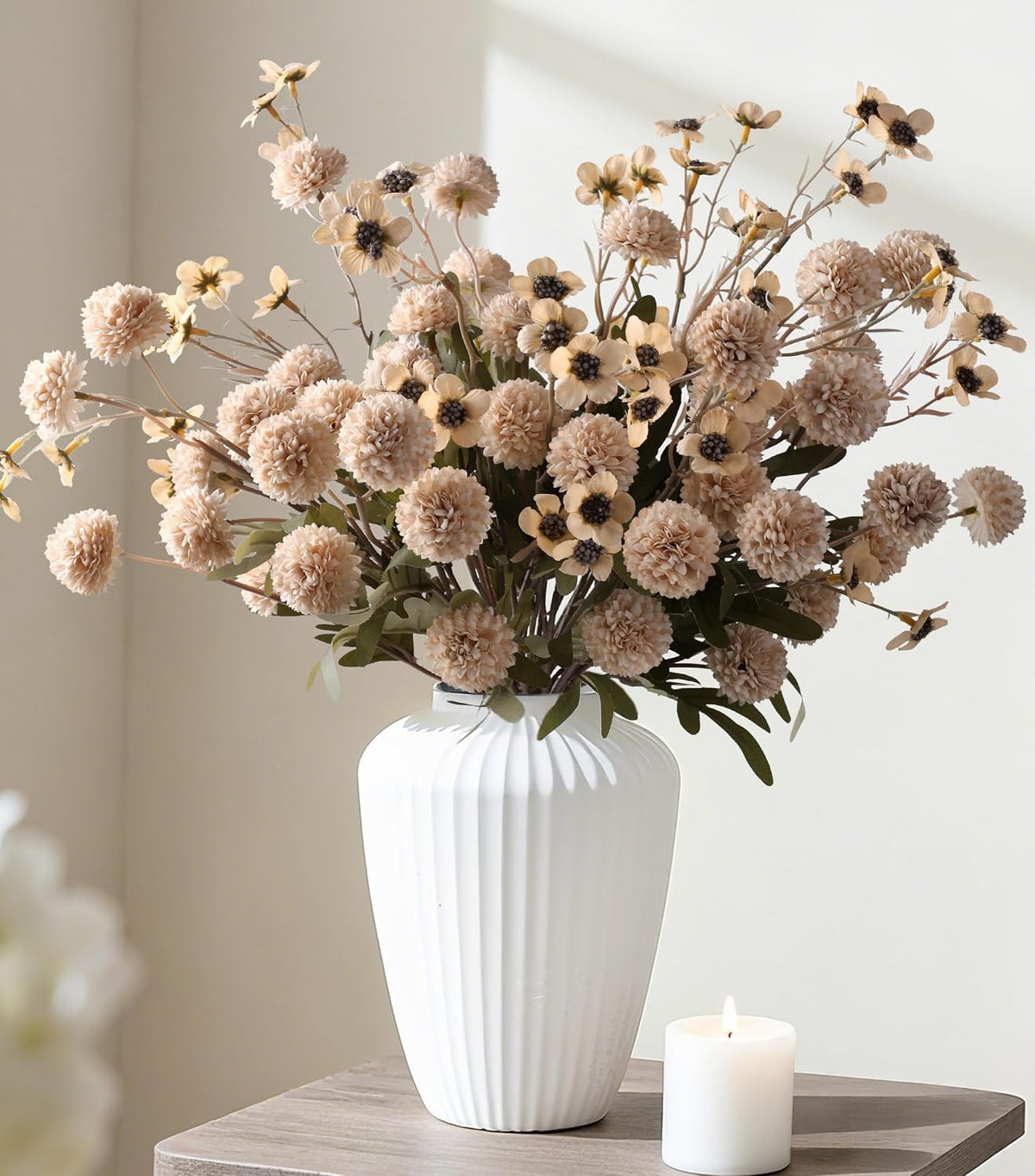 8 Pcs Fake Mums Kiku Flowers Artificial with Wild Flowers Bulk, Beige Silk Flower Arrangements Decor Floral Centerpieces For Tables Artificial Fall Flowers for Vase DIY Bouquet Coffee Dining Home