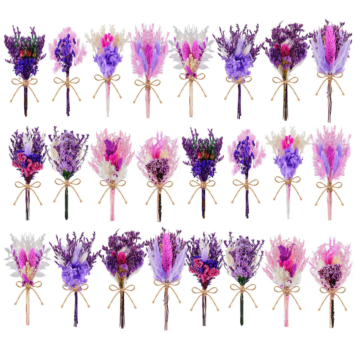 12/24 PCS Charming Dried Flowers Bouquet for Vase Various Dried Wildflowers with Stems Mini Handmade Wildflowers Natural Real Flowers Bulk Flowers Craft (Solid Color, 24PCS)