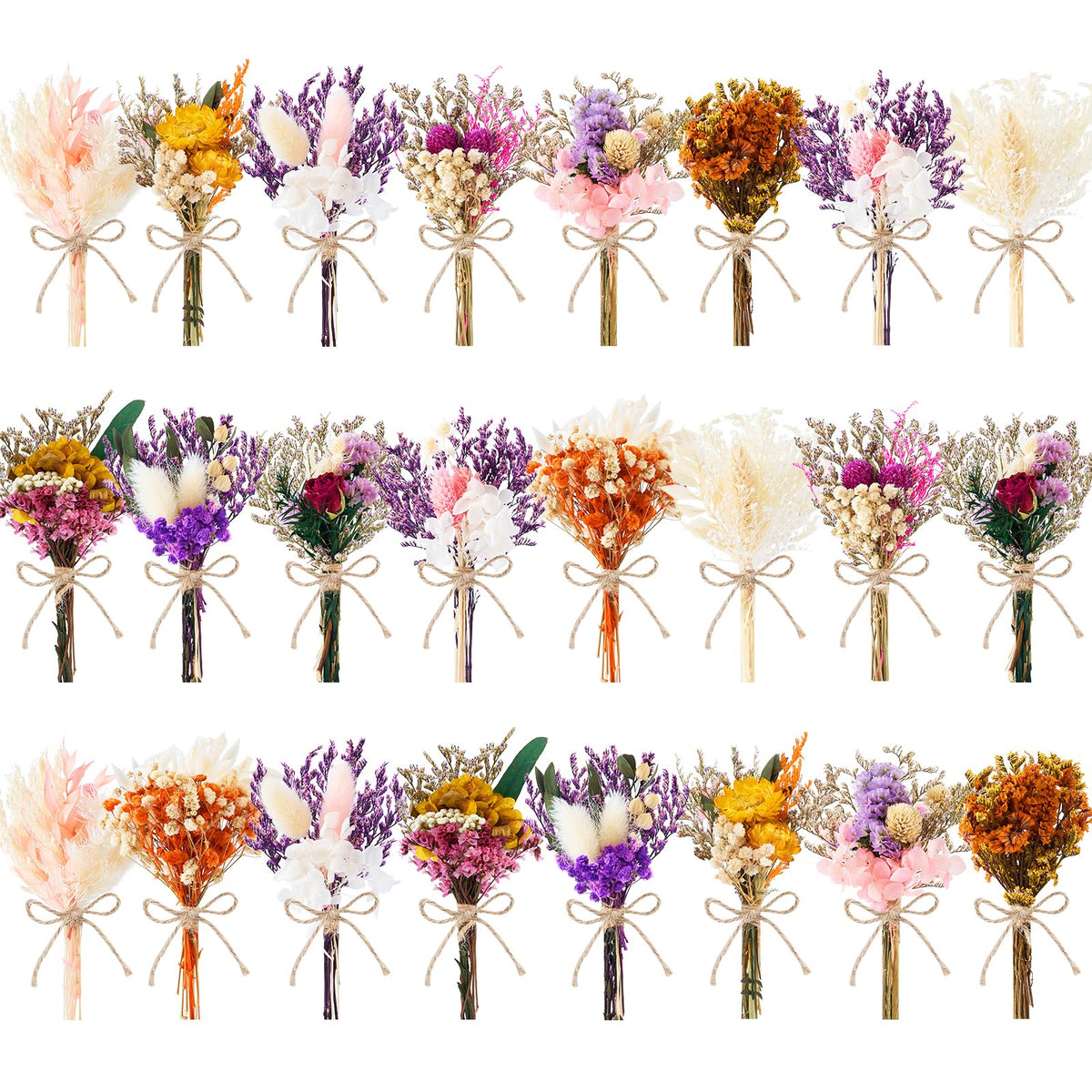 12/24 PCS Charming Dried Flowers Bouquet for Vase Various Dried Wildflowers with Stems Mini Handmade Wildflowers Natural Real Flowers Bulk Flowers Craft (Solid Color, 24PCS)