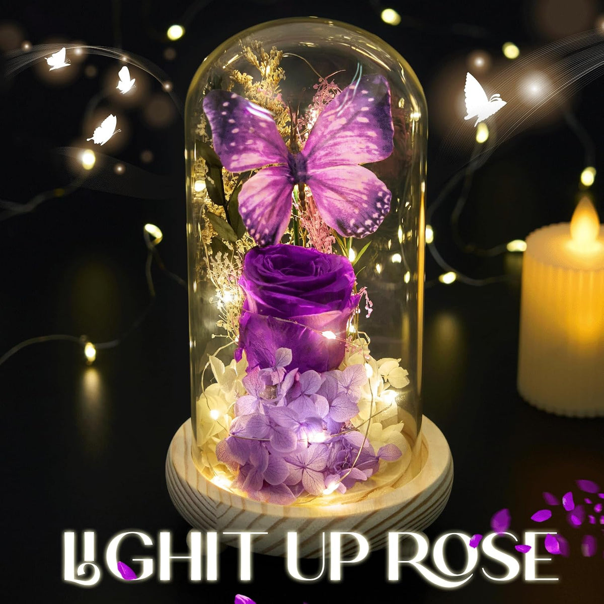Forever Flowers Preserved Roses Prime Delivery, with Light in Glass Dome for Mom Grandma Wife Girlfriend, Purple Flower for Mother's Day, Valentine's Day, Anniversary, Birthday