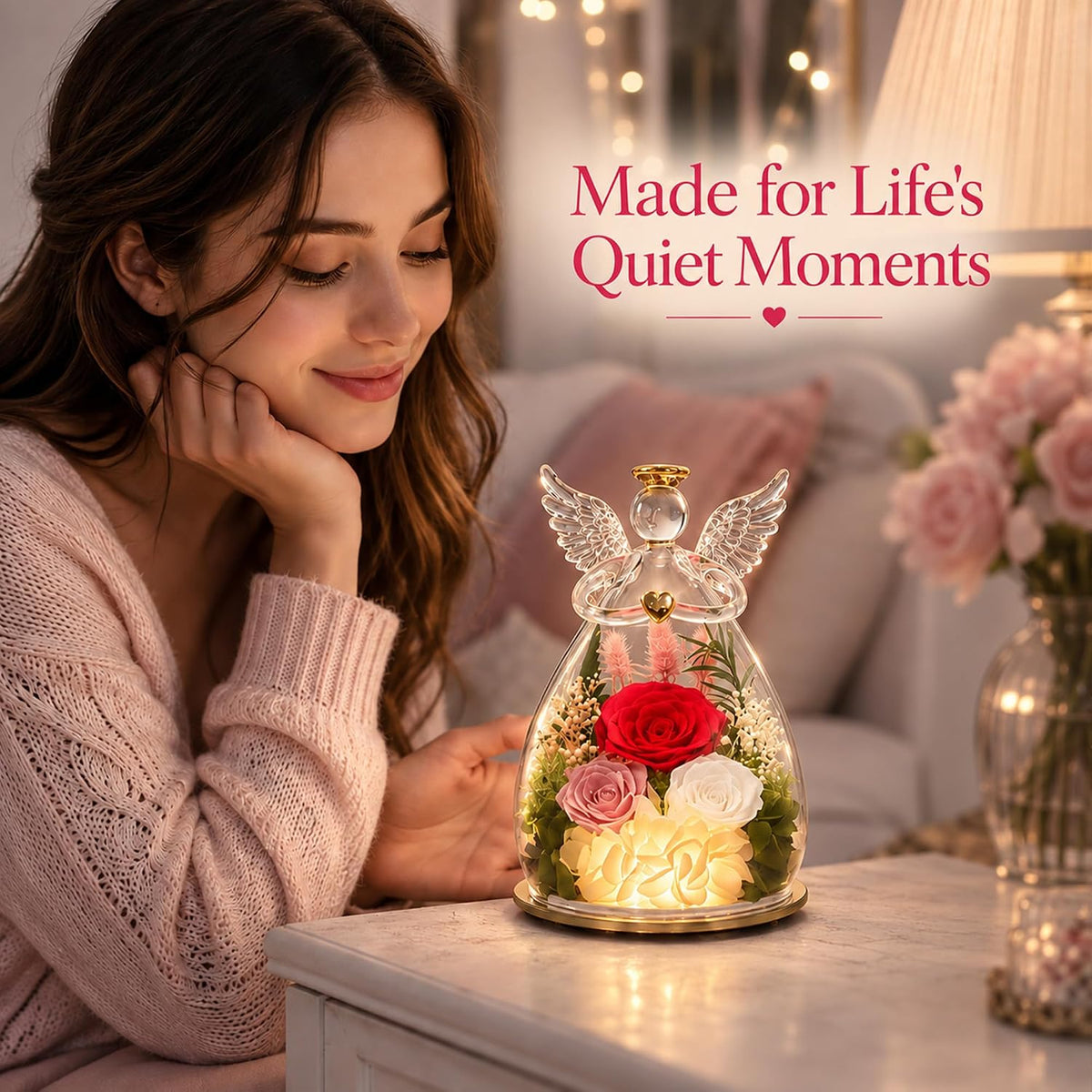Nacome Preserved Rose Glass Angel Figurine with LED Light Gift for Women