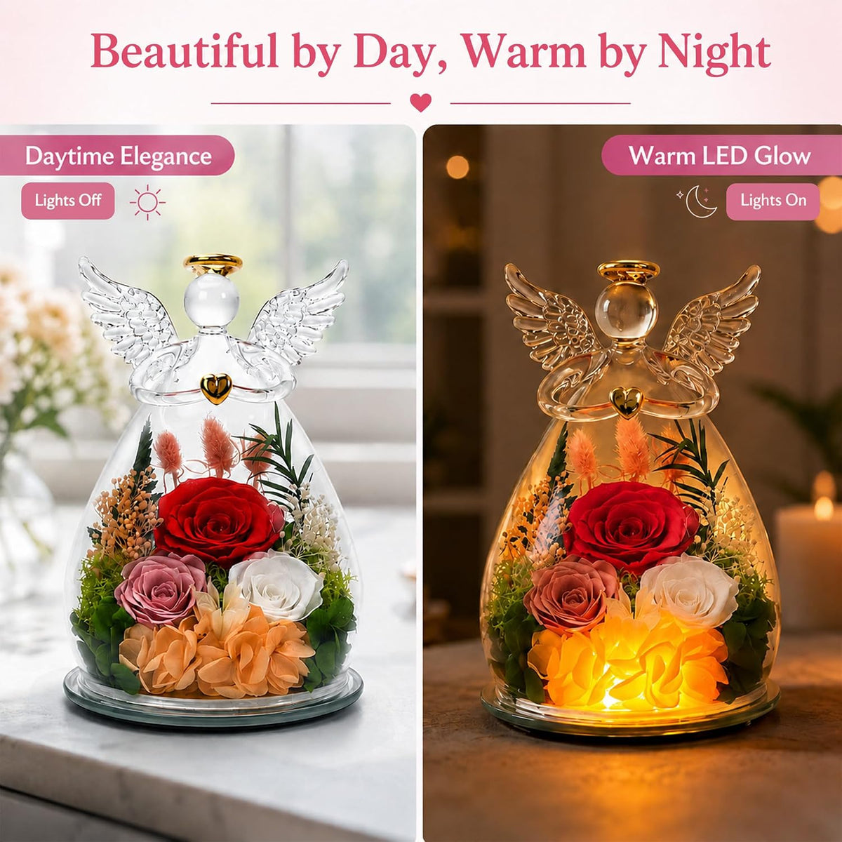 Nacome Preserved Rose Glass Angel Figurine with LED Light Gift for Women