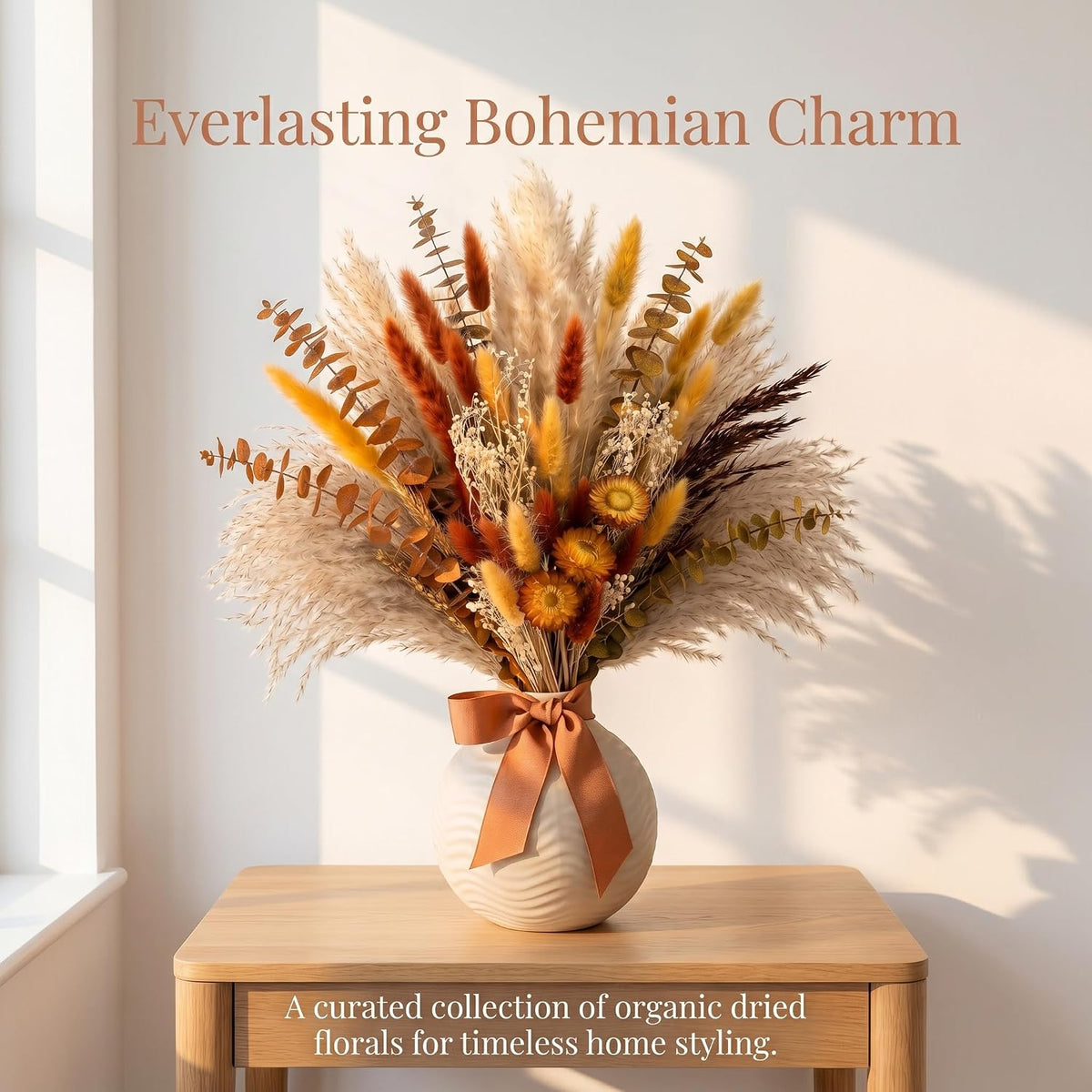 73 Pcs Pampas Grass Decor DIY Floral Material Kit, Natural Dried Flowers Loose Stems with Orange Eucalyptus & Bunny Tails for Vase Arrangement, Warm Boho Fall Decor (Vase Not Included)