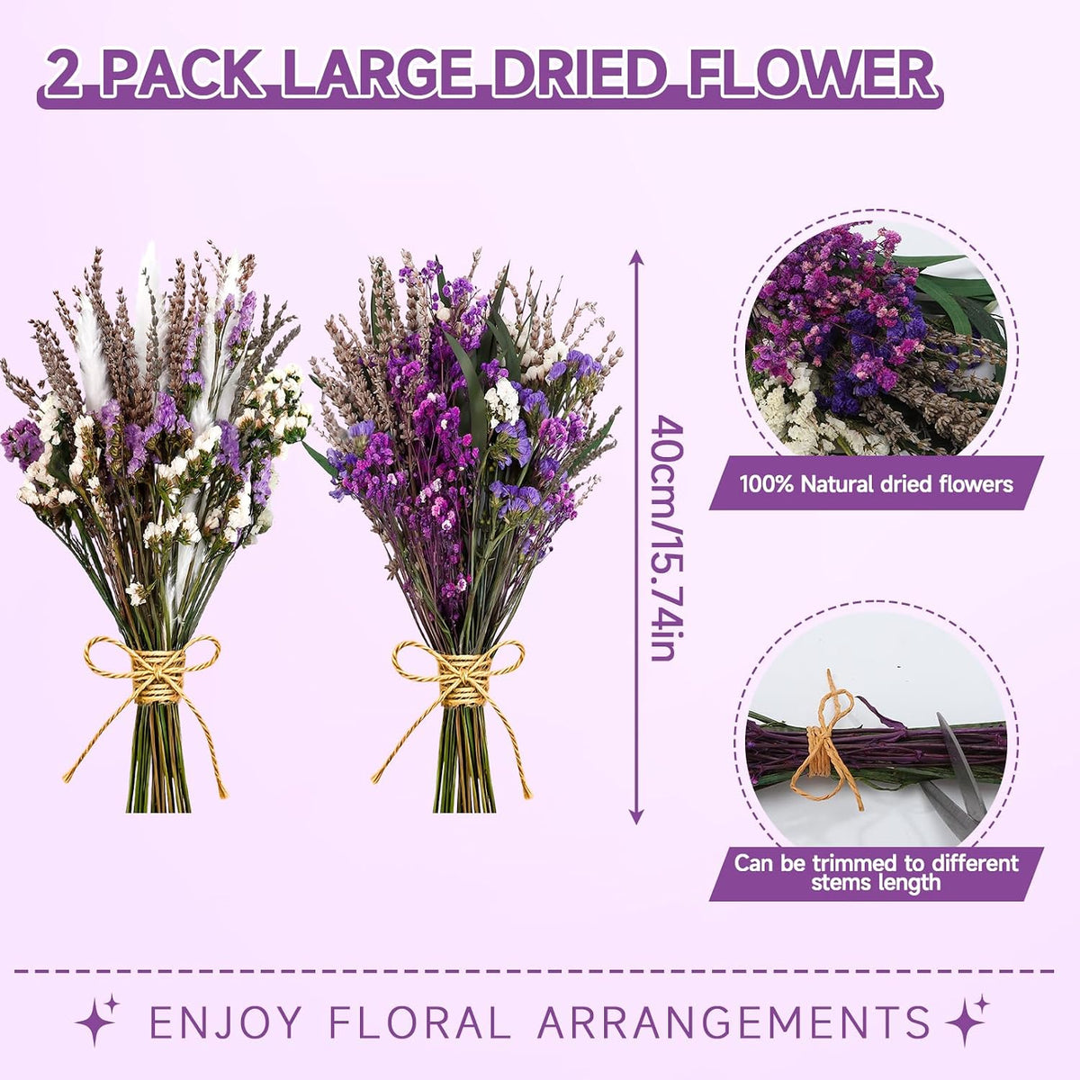 2 Pack Purple White Large Dried Flower Bouquets