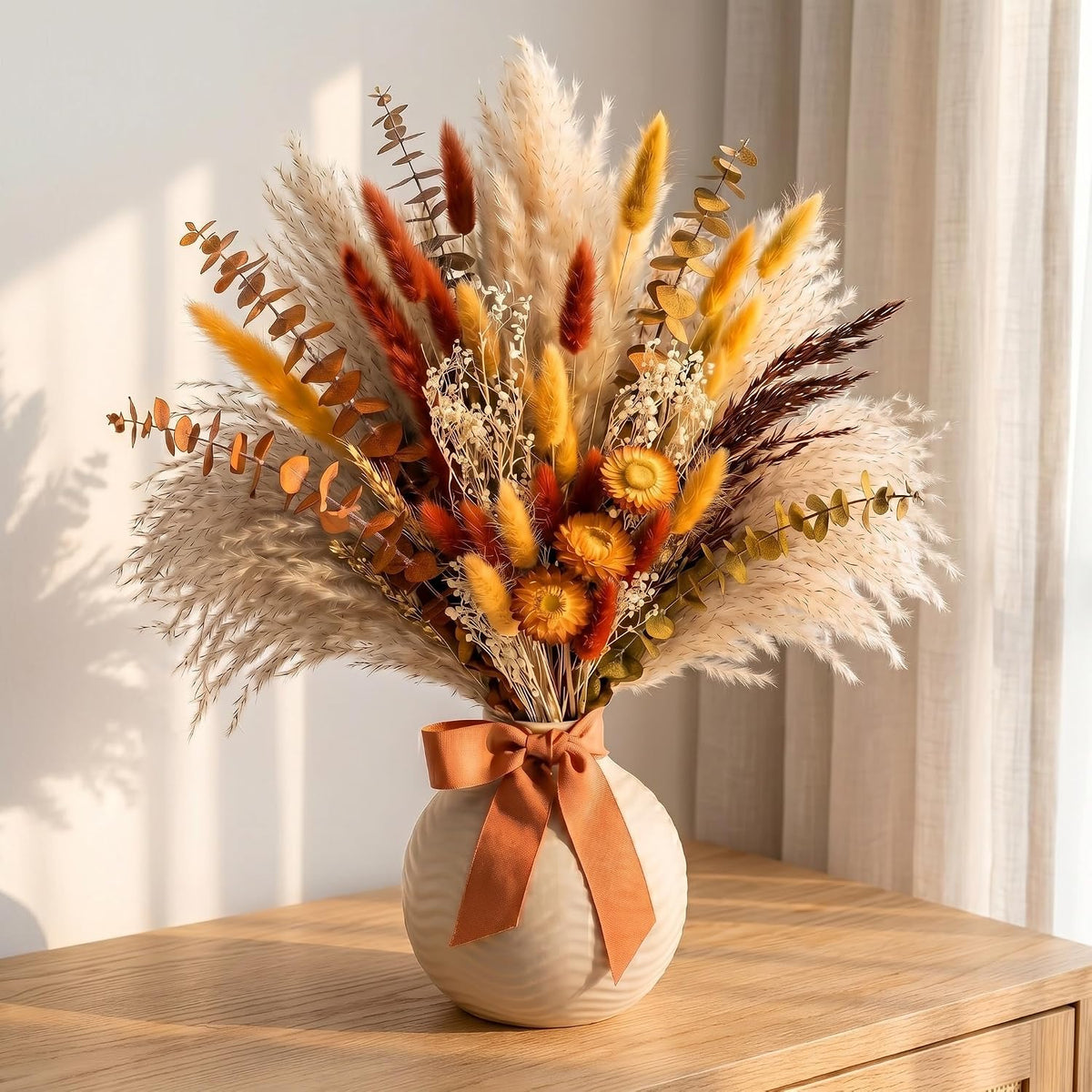 73 Pcs Pampas Grass Decor DIY Floral Material Kit, Natural Dried Flowers Loose Stems with Orange Eucalyptus & Bunny Tails for Vase Arrangement, Warm Boho Fall Decor (Vase Not Included)