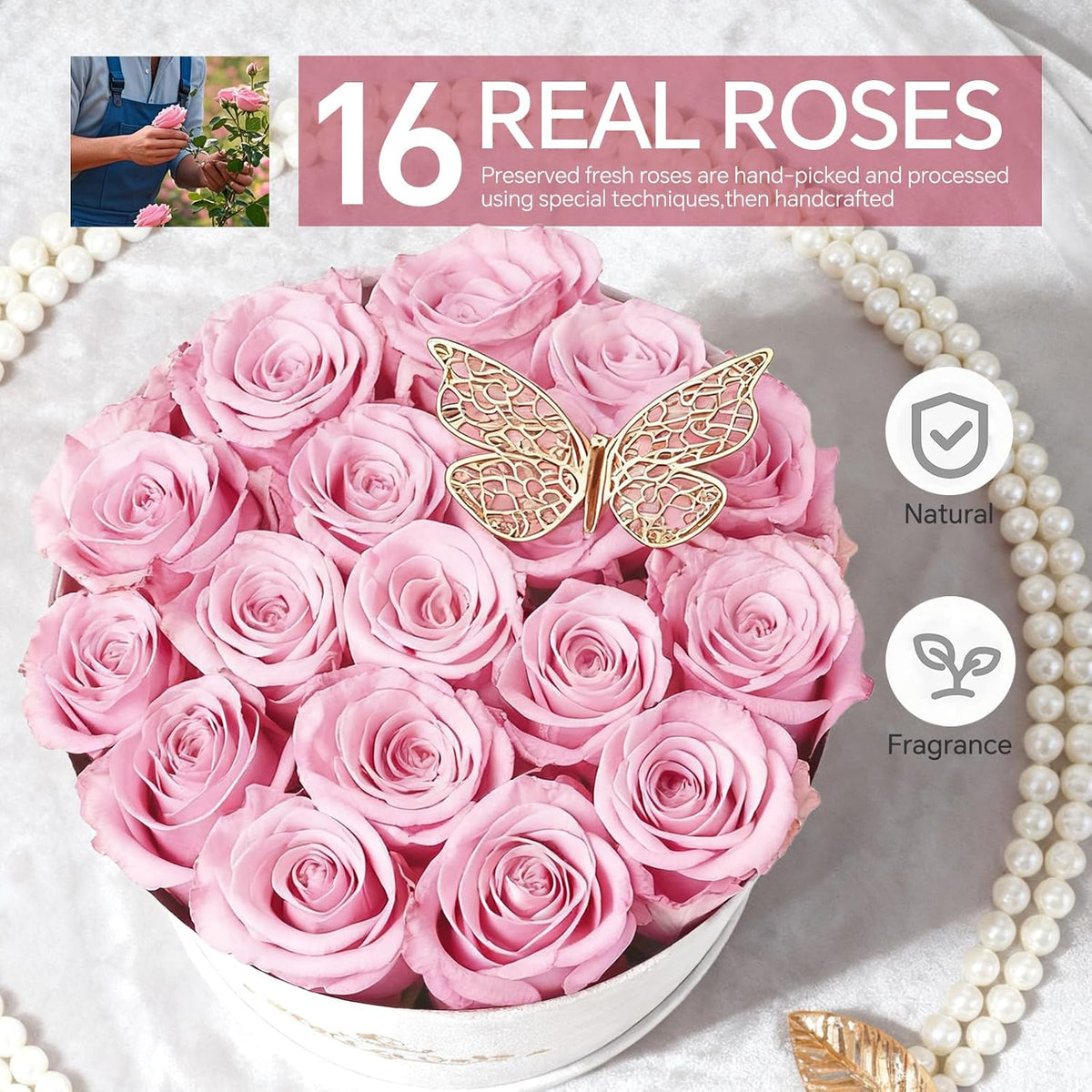 16 Light Pink Preserved Roses Round Gift Box for Women