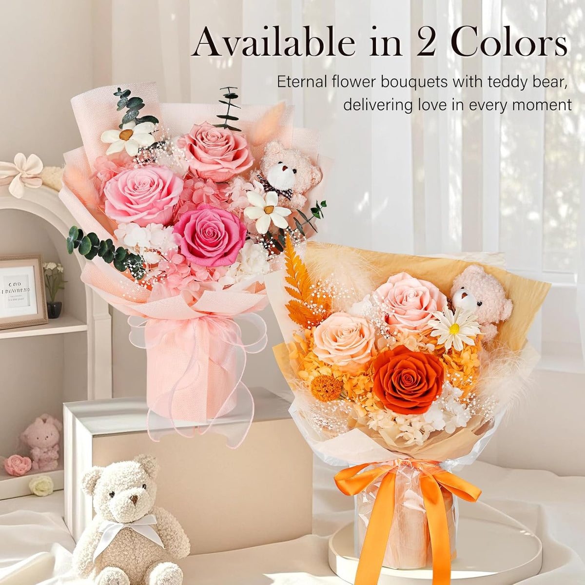 Flowers for Delivery with Bear, Orange Preserved Flowers, Gifts for Mom Her