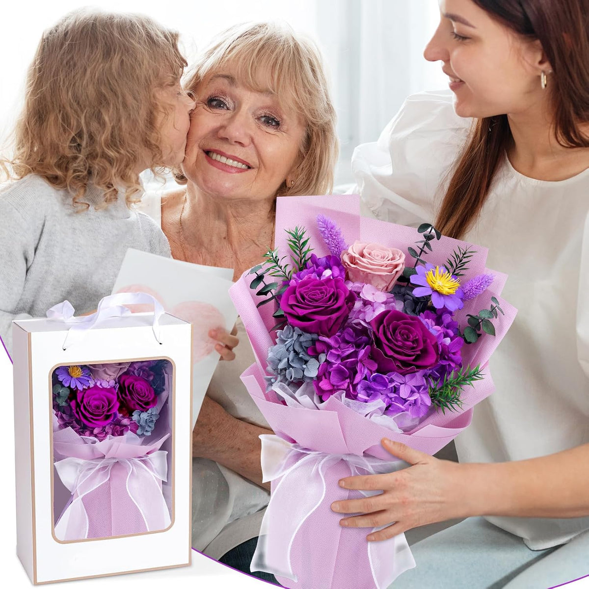 Waipfaru Preserved Flowers, Purple Fresh Bouquet with Gift Box, Flowers for Delivery Prime, Forever Flowers for Women Birthday Gift, Anniversary, Teacher, Mother Day, Valentines Day Gifts for Her