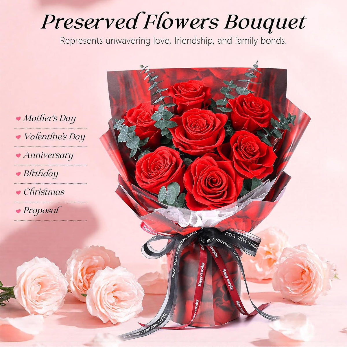 Preserved Flowers for Delivery, 7 Red Roses with Vase, Gifts for Women Her