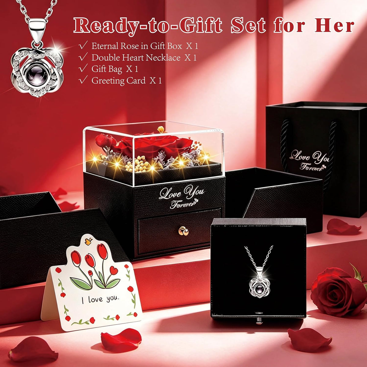 Lebana Preserved Red Real Rose with Heart I Love You Necklace -Mothers Day Gifts for Mom Her Wife Girlfriend Grandma on Valentines Mothers Day Christmas Birthday Anniversary Romantic-Red