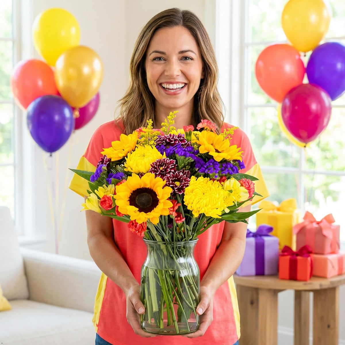 Benchmark Bouquets Flowering Fields Sunflower Bouquet - Birthday Flowers for Delivery - Fresh Flowers Bouquet - Birthday & Get Well Gifts for Women - Glass Vase Included