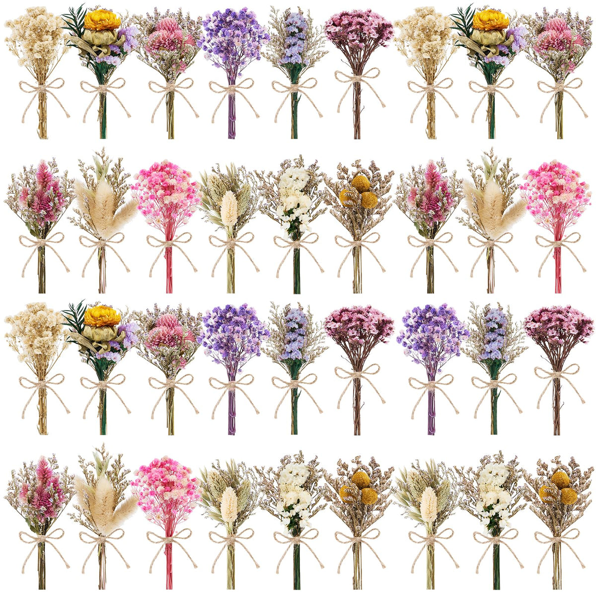 12/24 PCS Charming Dried Flowers Bouquet for Vase Various Dried Wildflowers with Stems Mini Handmade Wildflowers Natural Real Flowers Bulk Flowers Craft (Solid Color, 24PCS)