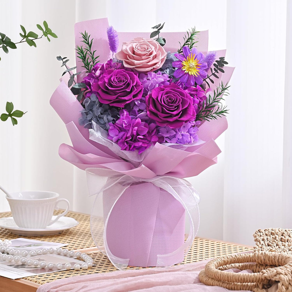 Waipfaru Preserved Flowers, Purple Fresh Bouquet with Gift Box, Flowers for Delivery Prime, Forever Flowers for Women Birthday Gift, Anniversary, Teacher, Mother Day, Valentines Day Gifts for Her