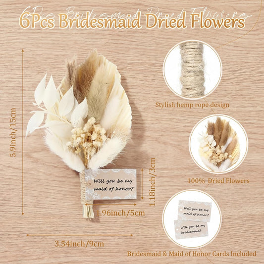 Suncalla 6 Pcs Bridesmaid Proposal Gifts Dried Bouquets,White,Boho