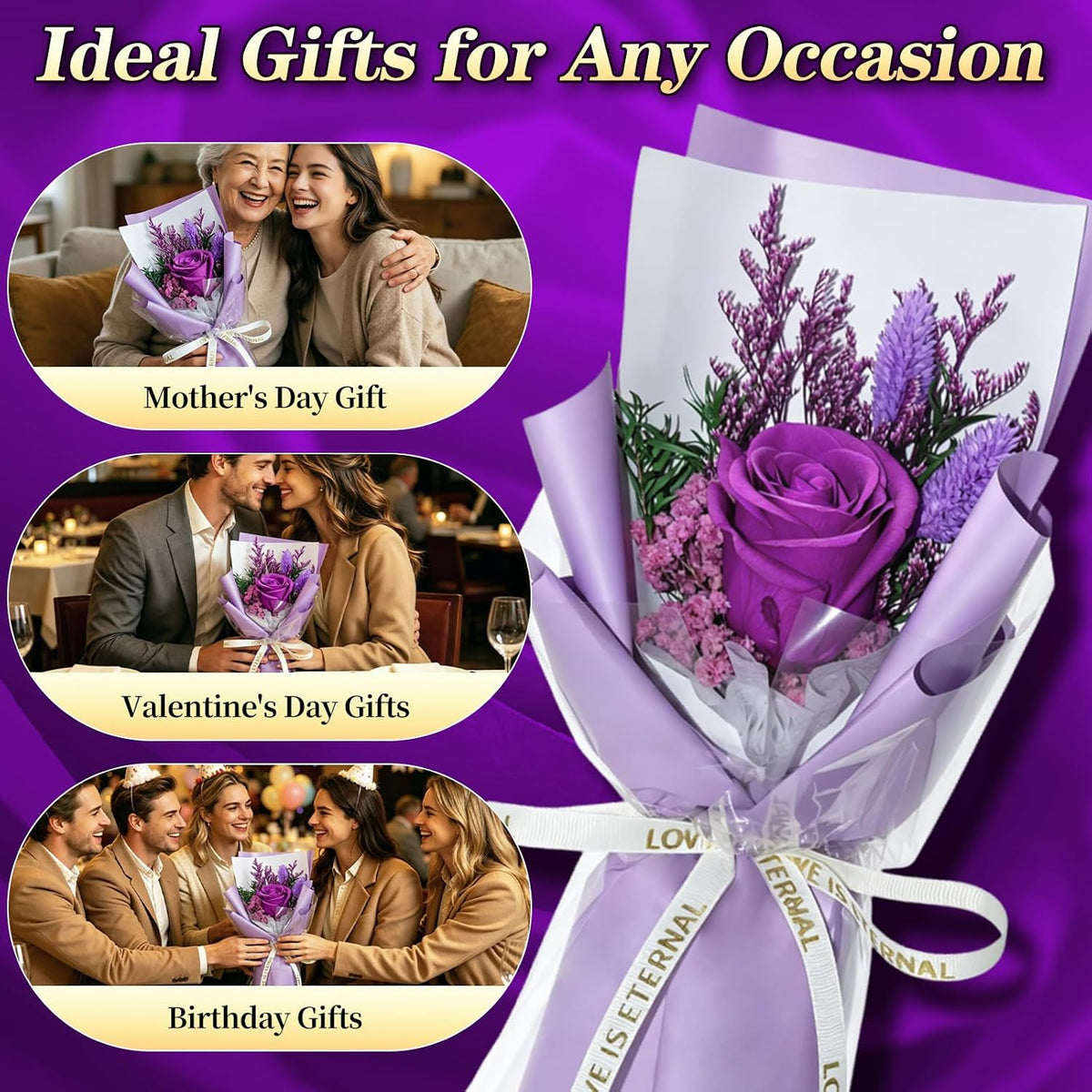 Preserved Flowers for Delivery,Purple Rose Bouquet Gift for Women and Mom,Preserved Flowers Bouquet,Birthday Flowers Gifts Grandma Wife Friends,Roses Gift Valentine’s Day Mothers Day