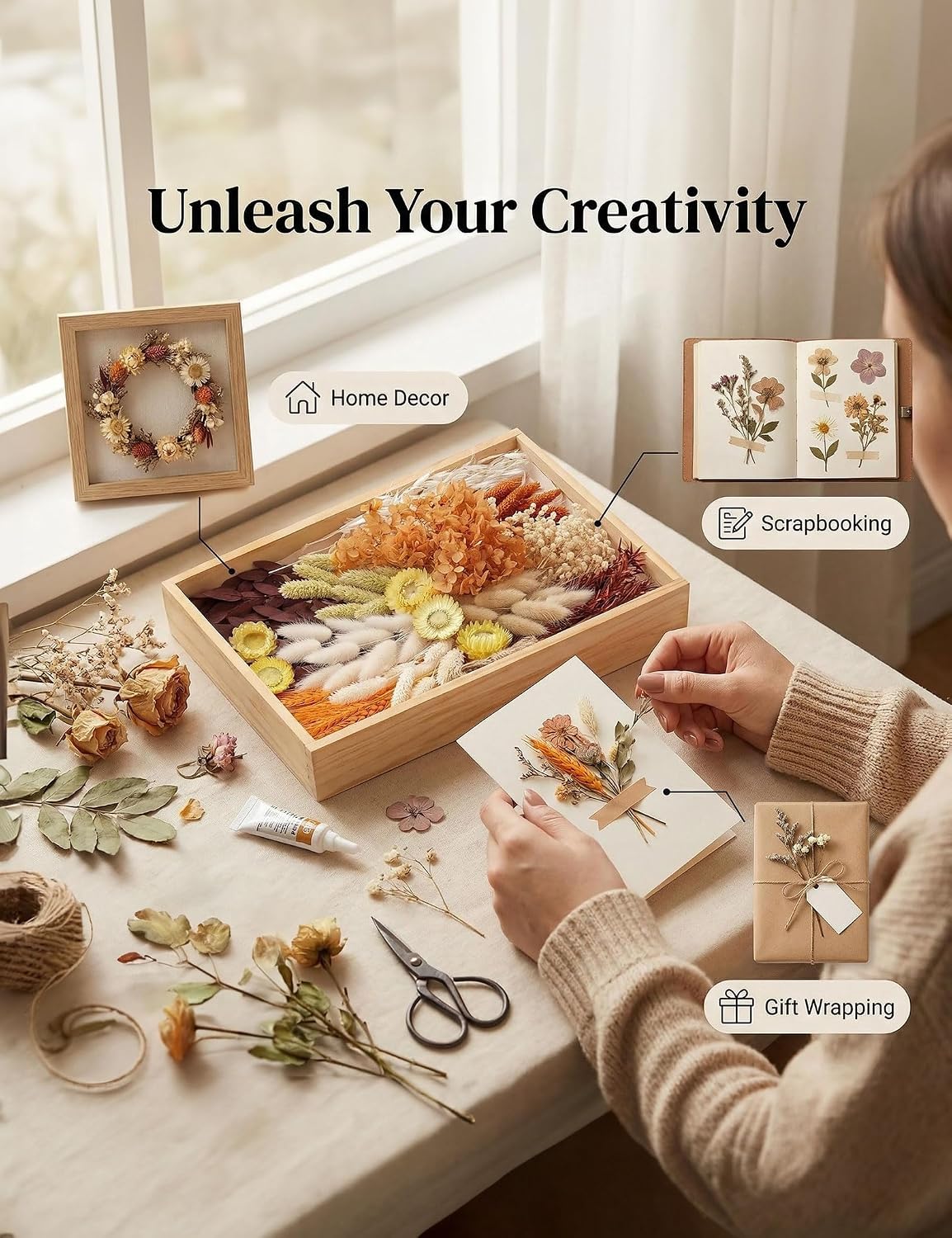 DIY Dried Flower Set, Bulk Dried Flowers Bouquet, Dried Flower Vase Arrangement, Autumn Decoration,Dried Flowers with Stems. (Fall)
