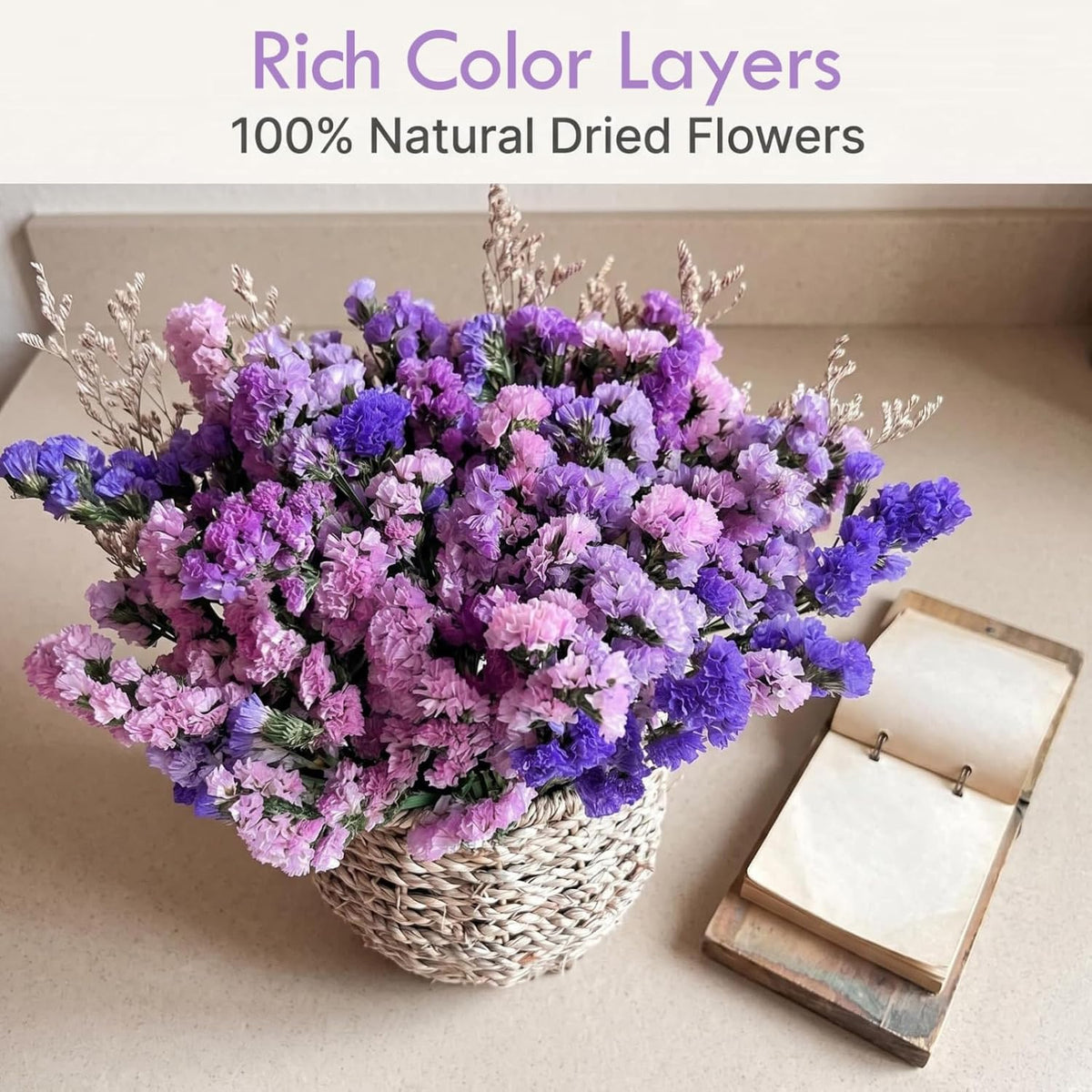 Preserved Forget Me Not & Natural Dried Purple Statice Flowers with Rattan Basket, Rustic Farmhouse Bouquet, Long Lasting Floral Centerpiece for Dining Table Home Decor Living Room