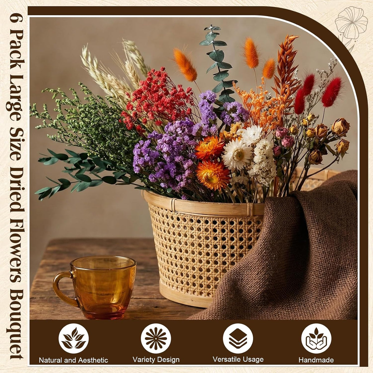 6 Bunches Large Size Dried Flower Bouquet 15 -17 Inch Natural Various Dried Flower Combinations with Wildflowers Dry Rose Lavender Forget Me Not Babys Breath for Vase Boho Wedding Farmhour Home Decor