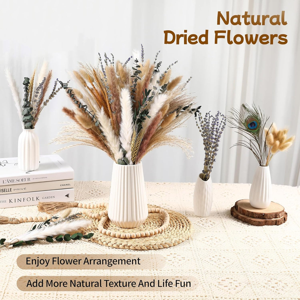 Bpole Dried Pampas Grass Bouquet -92 Pcs 11-13inch 9 Styles Boho Decor