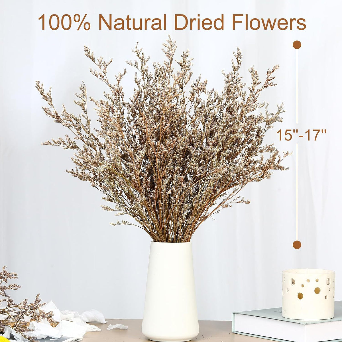 Dried Flower Bouquet, 17'' Dry Natural Caspia Flowers Bundle for Vase Decor