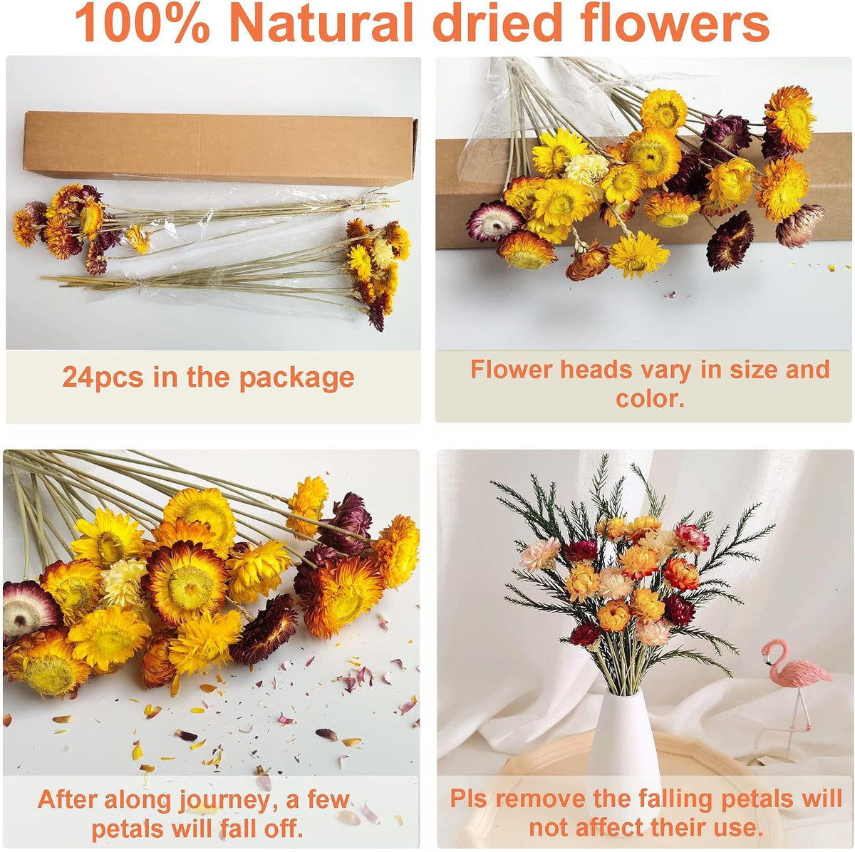24 Pcs Dried Straw Flowers Daisy, Natural Orange Helichrysum Bouquet