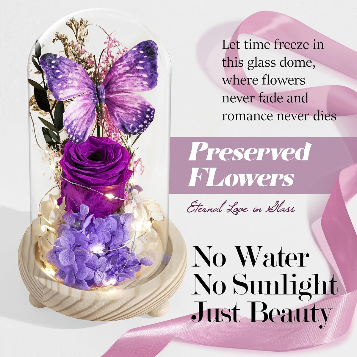 Forever Flowers Preserved Roses Prime Delivery, with Light in Glass Dome for Mom Grandma Wife Girlfriend, Purple Flower for Mother's Day, Valentine's Day, Anniversary, Birthday