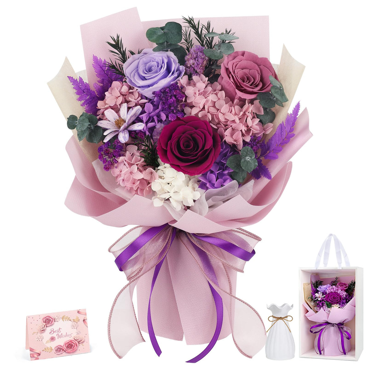 Flowers for Delivery Prime Preserved Flowers Bouquet with Vase, Pink