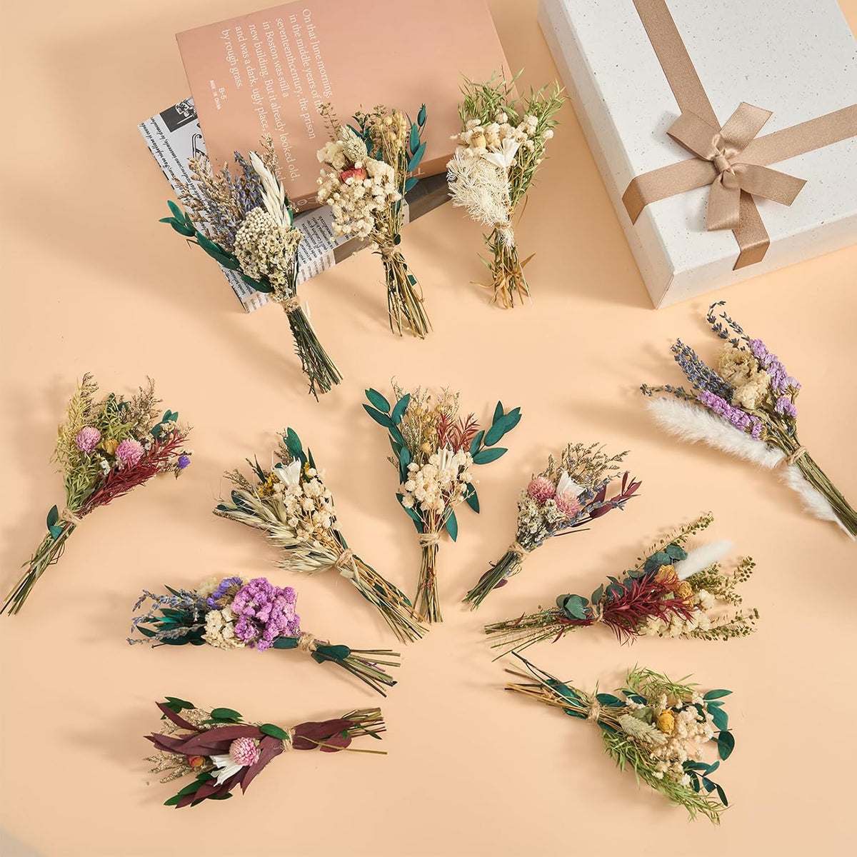 12/24PCS Handmade Dried Flower Bouquet with Stems Natural Dried Wildflowers 7.5 Inch Mini Dry Flowers for Vase Farmhouse Decor, Wedding Styling, Photography Props, Gift DIY(12pcs, Bright)