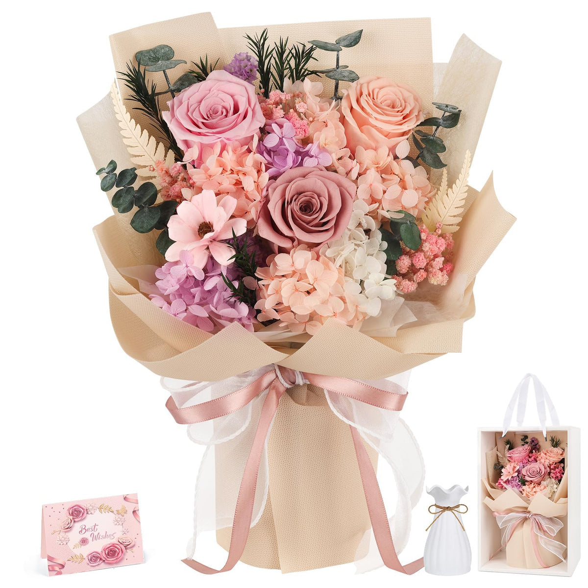Flowers for Delivery Prime Preserved Flowers Bouquet with Vase, Pink