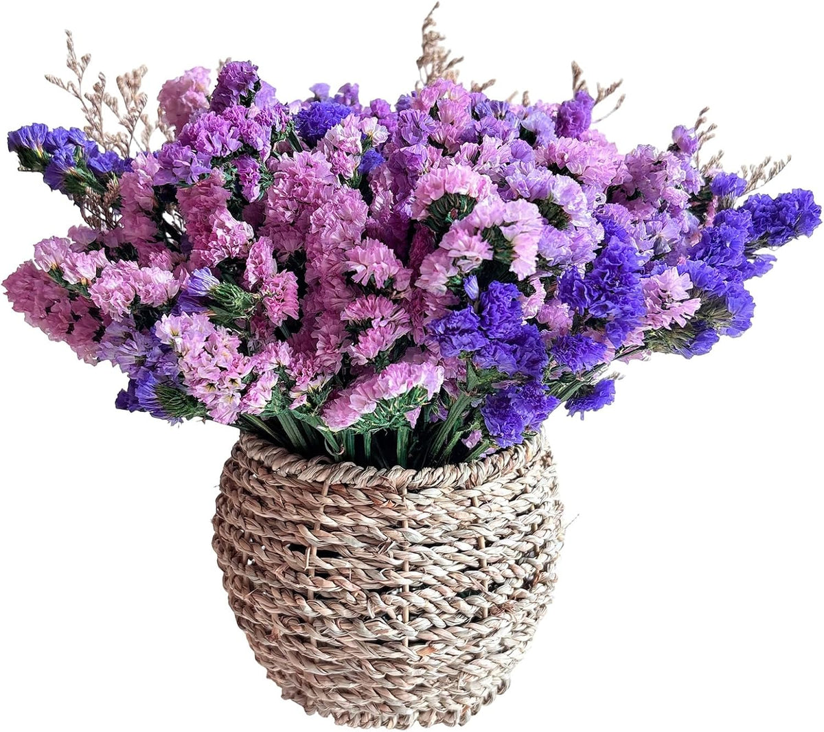 Preserved Forget Me Not & Natural Dried Purple Statice Flowers with Rattan Basket, Rustic Farmhouse Bouquet, Long Lasting Floral Centerpiece for Dining Table Home Decor Living Room