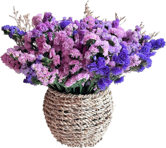 Preserved Forget Me Not & Natural Dried Purple Statice Flowers with Rattan Basket, Rustic Farmhouse Bouquet, Long Lasting Floral Centerpiece for Dining Table Home Decor Living Room