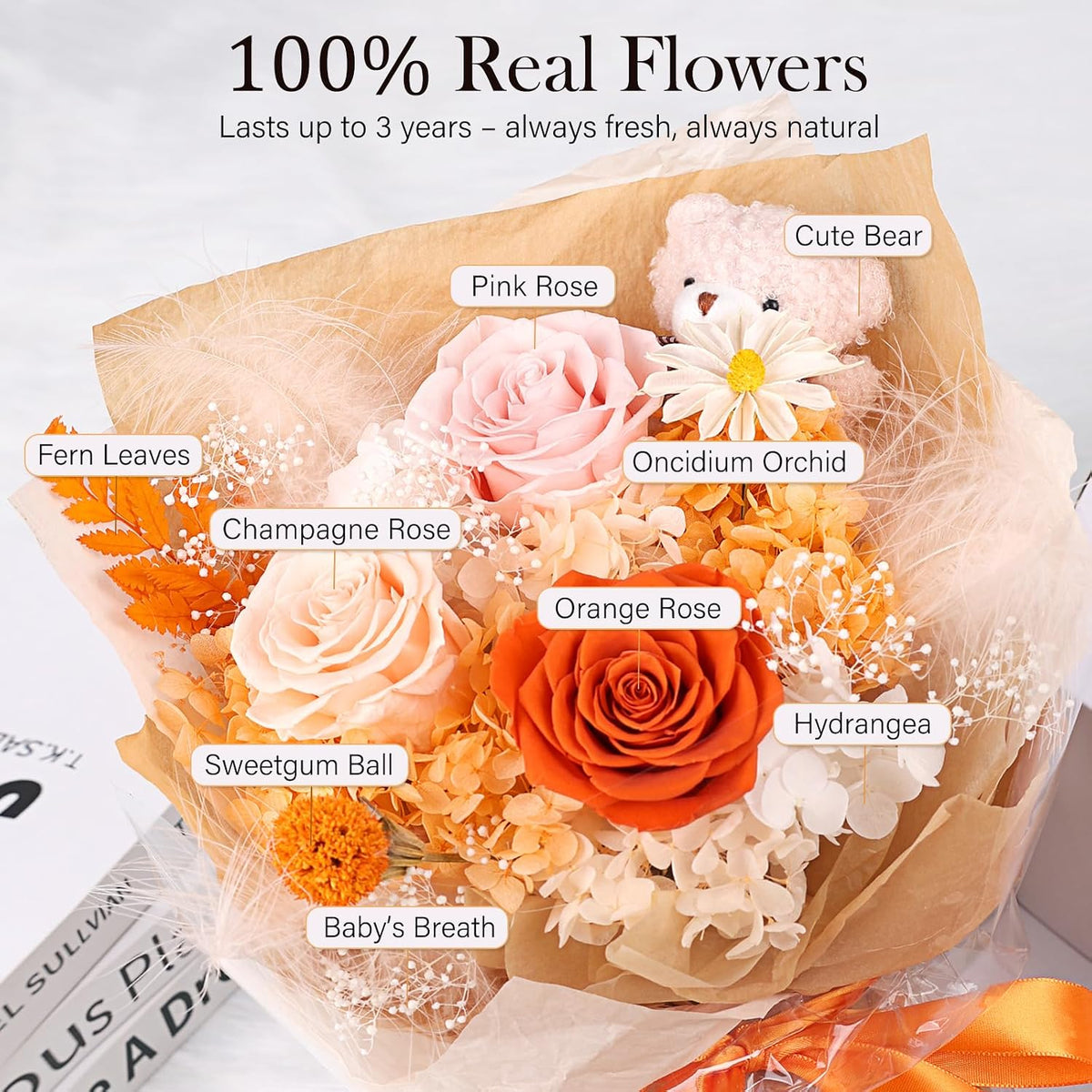 Flowers for Delivery with Bear, Orange Preserved Flowers, Gifts for Mom Her